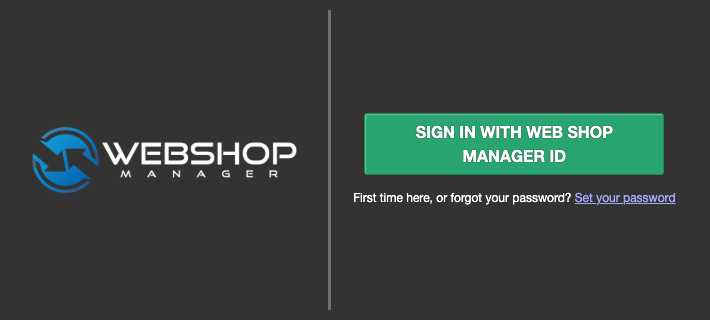 Admin sign-in page with the green Sign in with Web Shop Manager ID button and the Set your password link