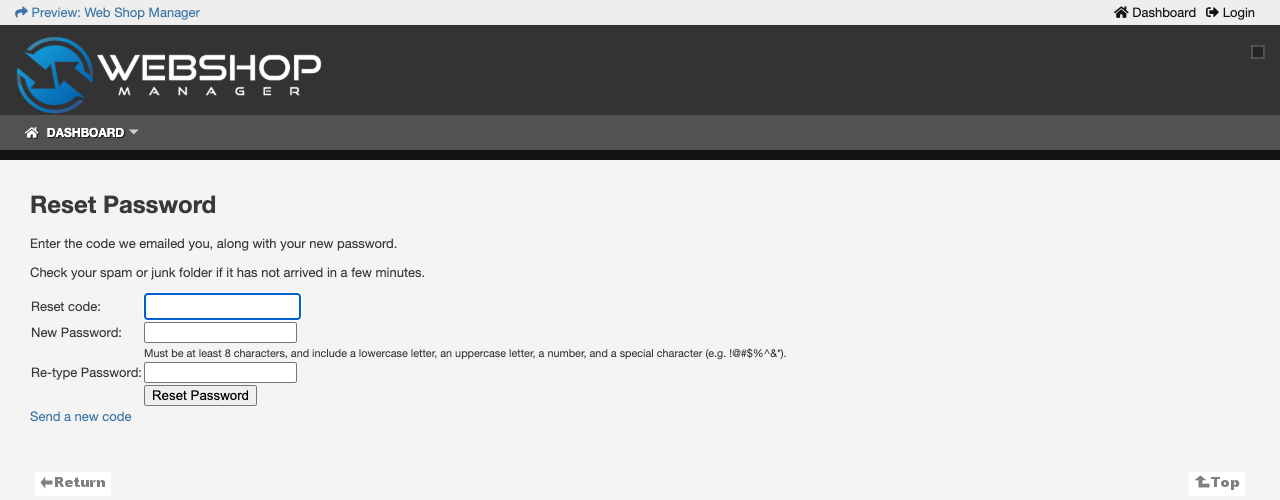 Reset Password page with Reset code, New Password and Re-type Password boxes