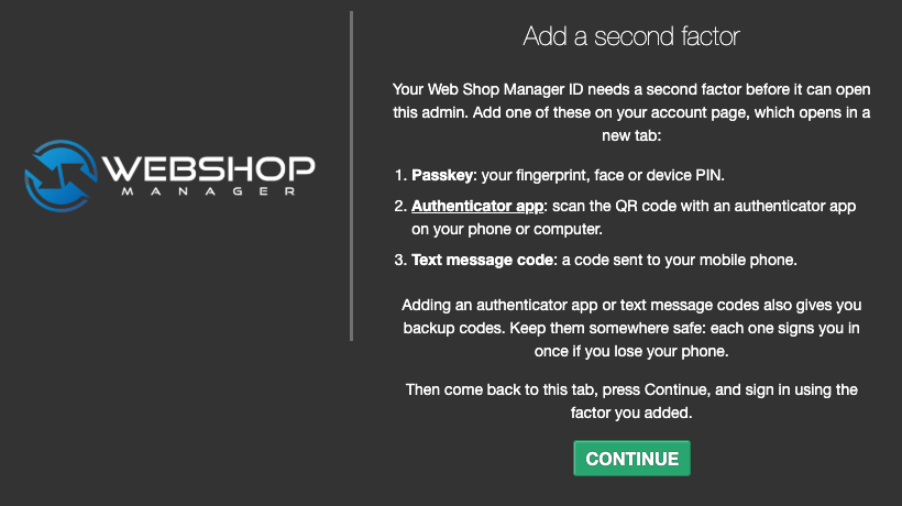 Add a second factor page listing Passkey, Authenticator app and Text message code
