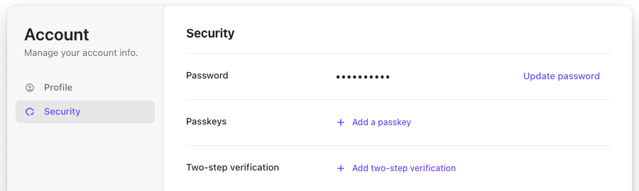 Account page, Security section