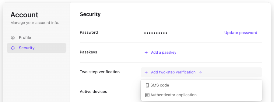 Add two-step verification menu with SMS code and Authenticator application