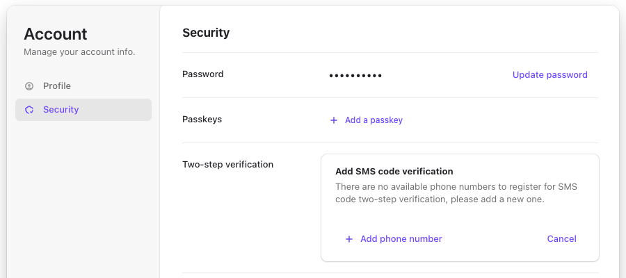 Add SMS code verification with the Add phone number button