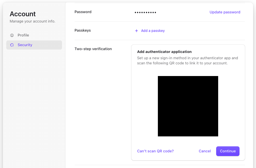 Add authenticator application with the QR code (hidden in this picture)