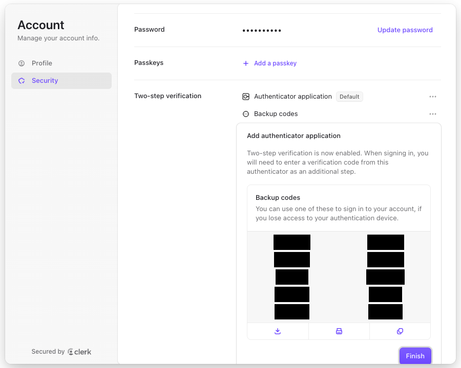 Two-step verification is now enabled, with backup codes (hidden in this picture)