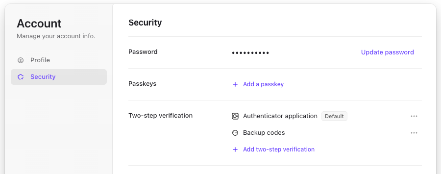 Security section showing Authenticator application and Backup codes