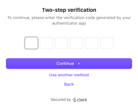 Two-step verification screen asking for the authenticator app code