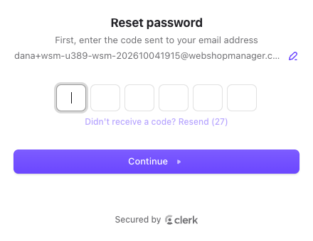 Reset password screen asking for the code sent to your email