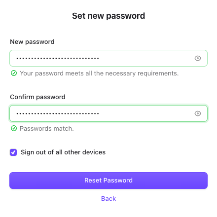 Set new password screen with New password, Confirm password and Reset Password